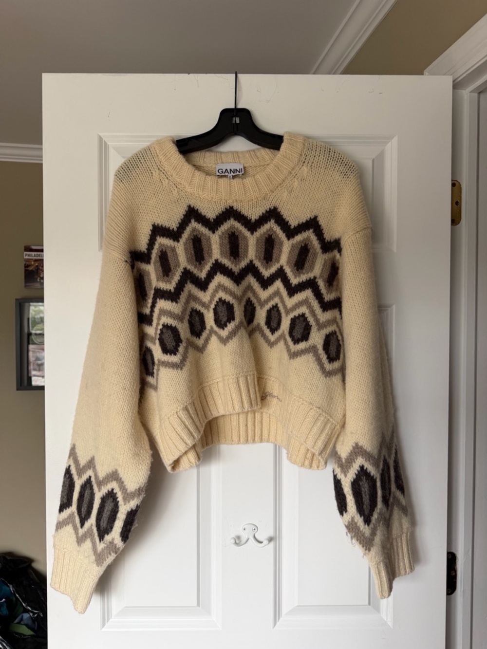Ganni Cream Crewneck Sweater with Brown Geometric Pattern